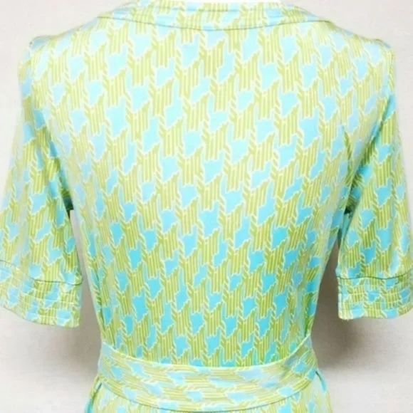 Rare Lilly Pulitzer Stretchy Silk Green Blue Houndstooth V-neck Belted Dress 4 - Picture 10 of 11